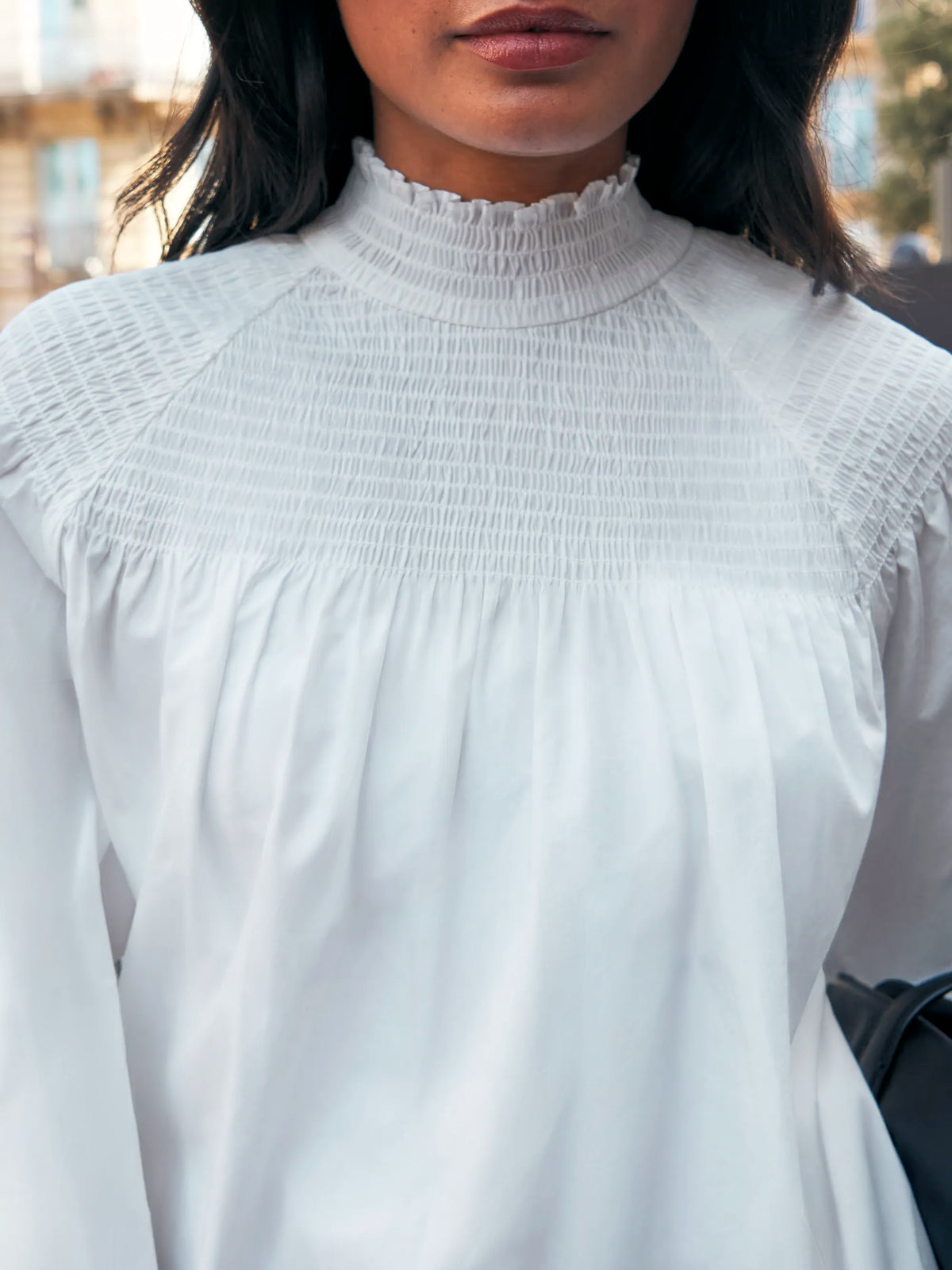 White Cotton Shirred Neck Blouse