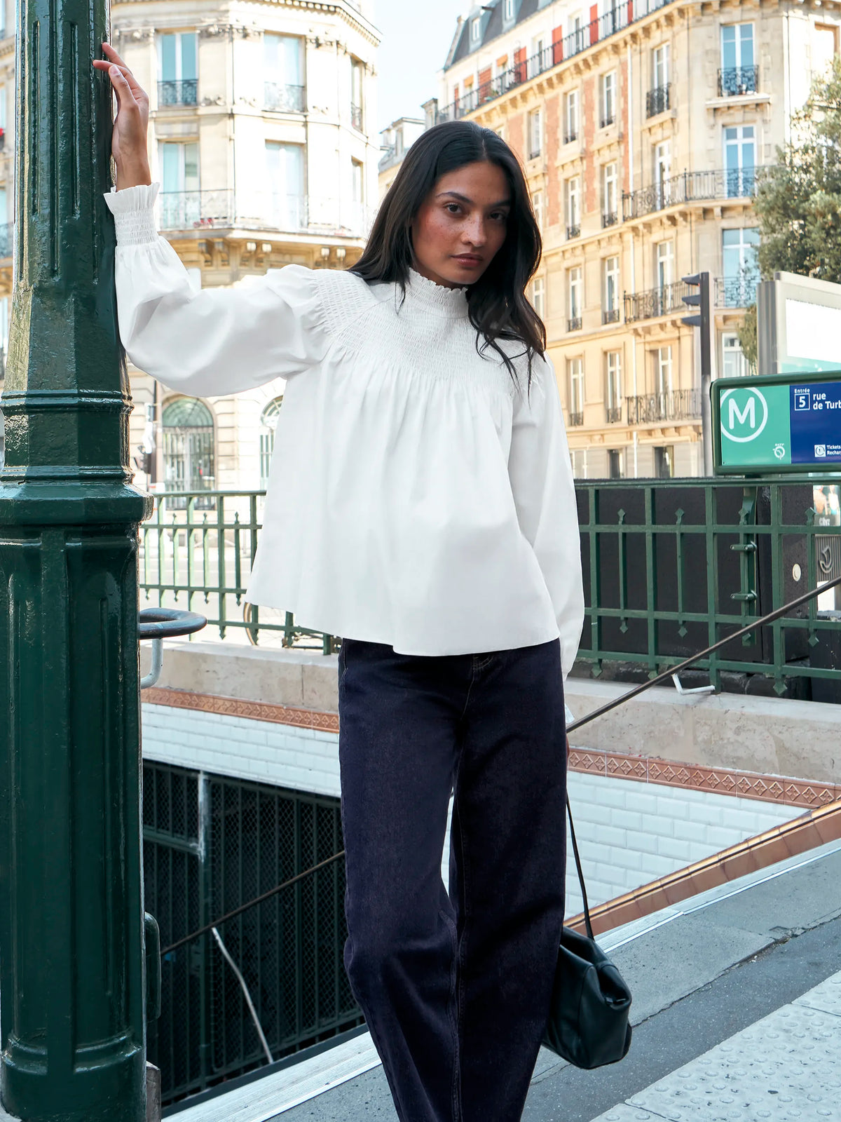 White Cotton Shirred Neck Blouse