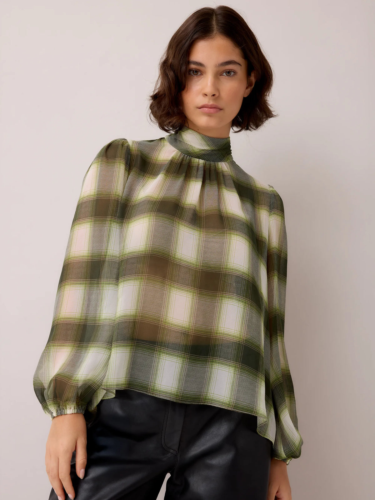 Green Check Scarf Detail Chiffon Blouse