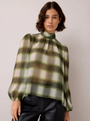 Green Check Scarf Detail Chiffon Blouse