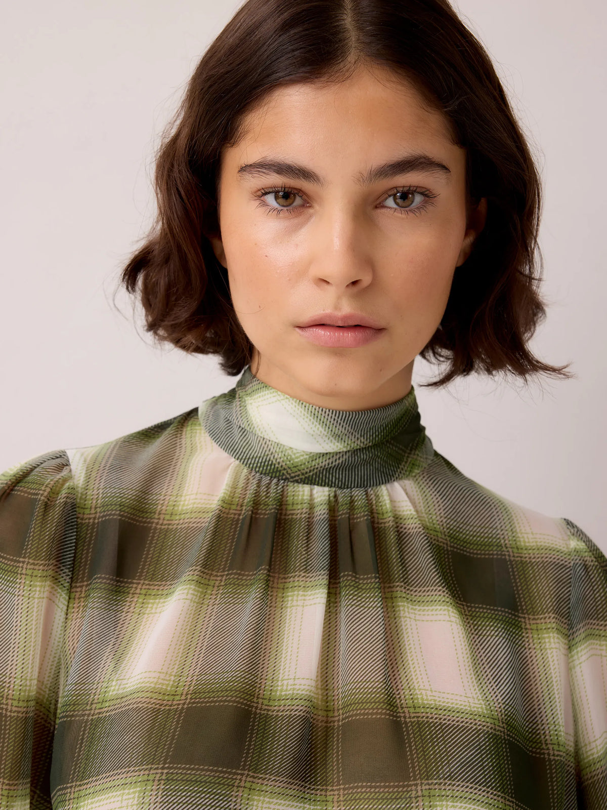 Green Check Scarf Detail Chiffon Blouse