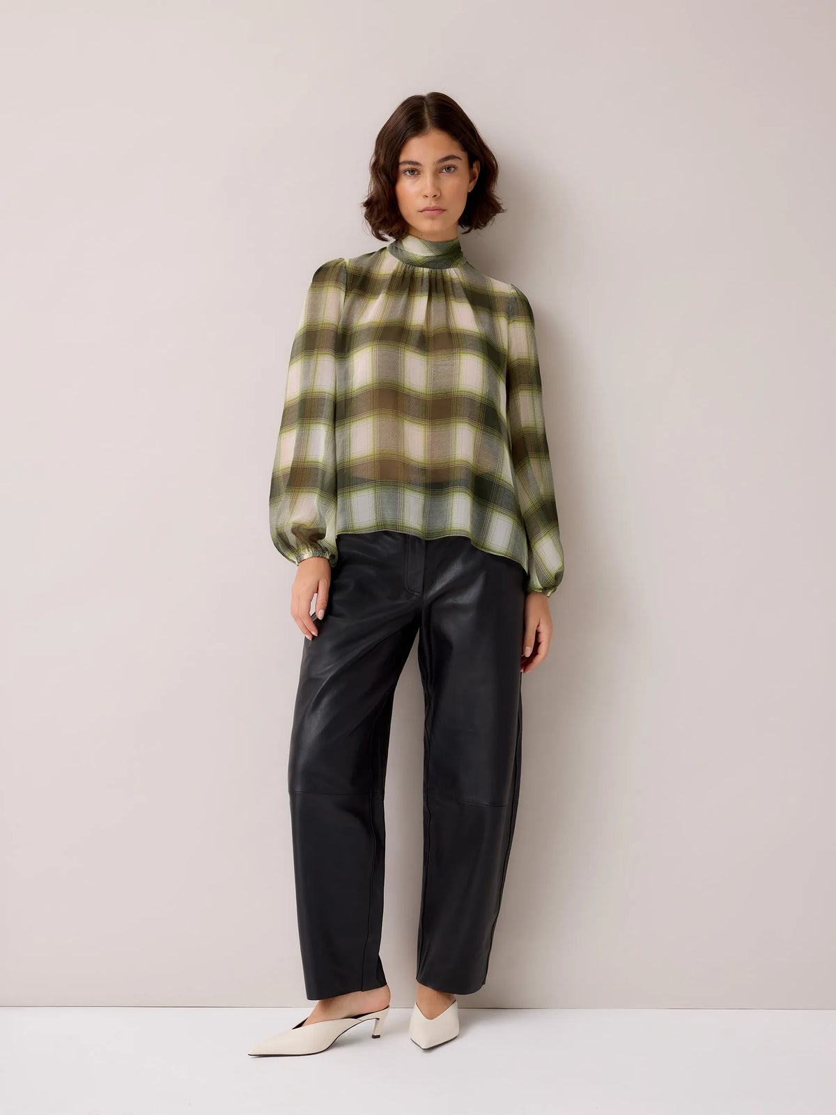 Green Check Scarf Detail Chiffon Blouse
