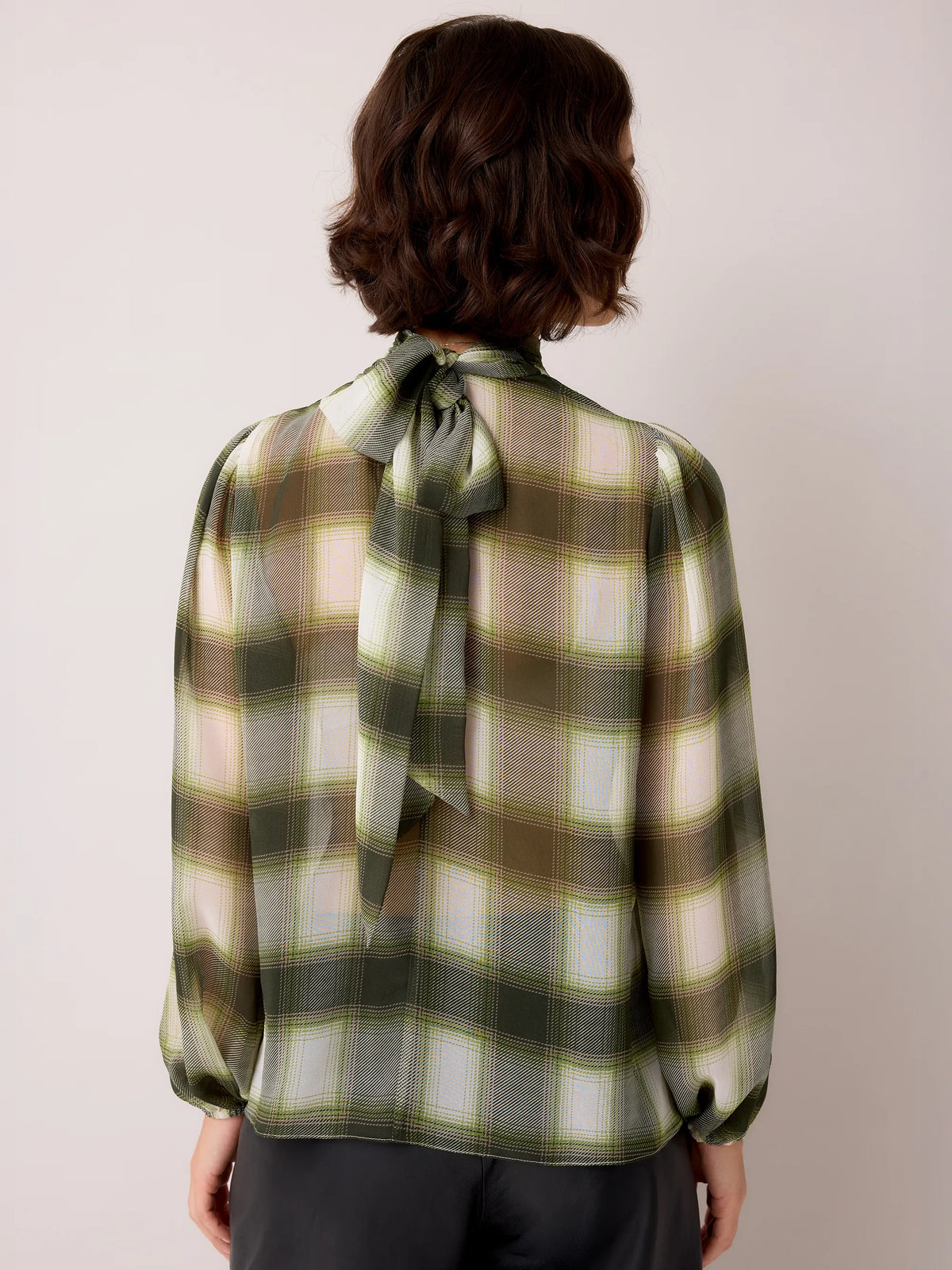Green Check Scarf Detail Chiffon Blouse