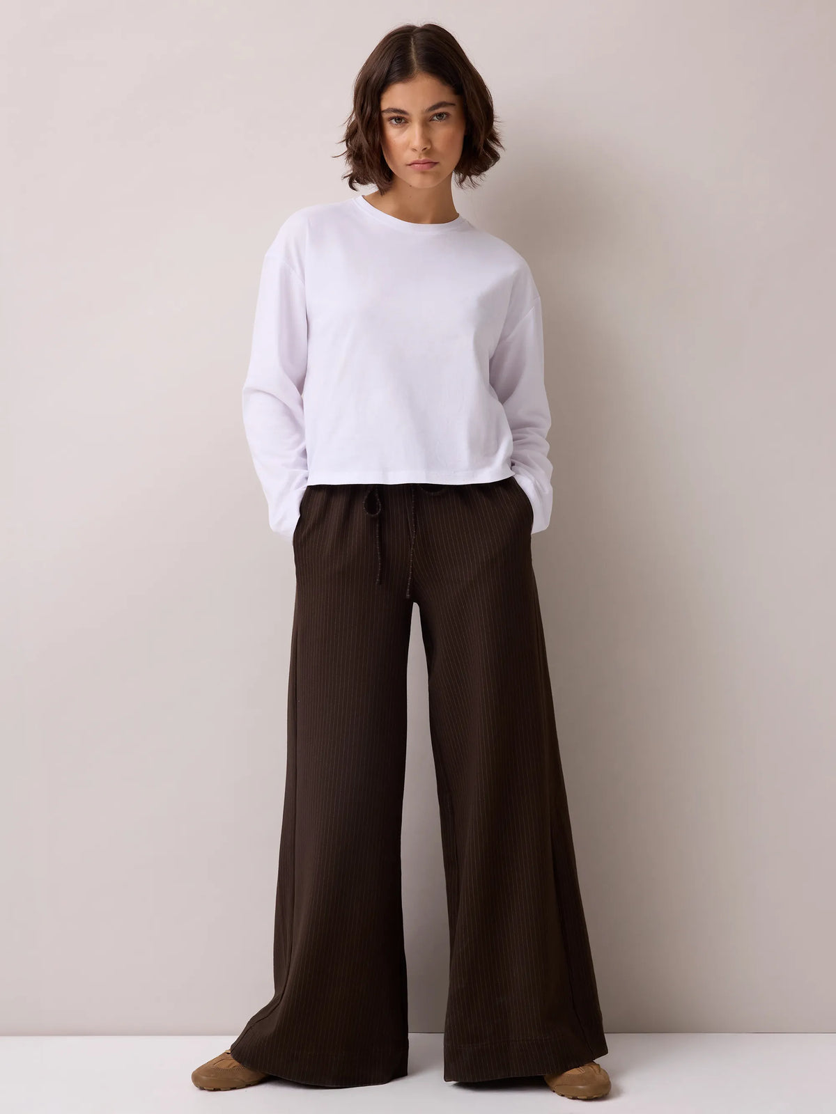 Petite Brown Pinstripe Wide Leg Jogger
