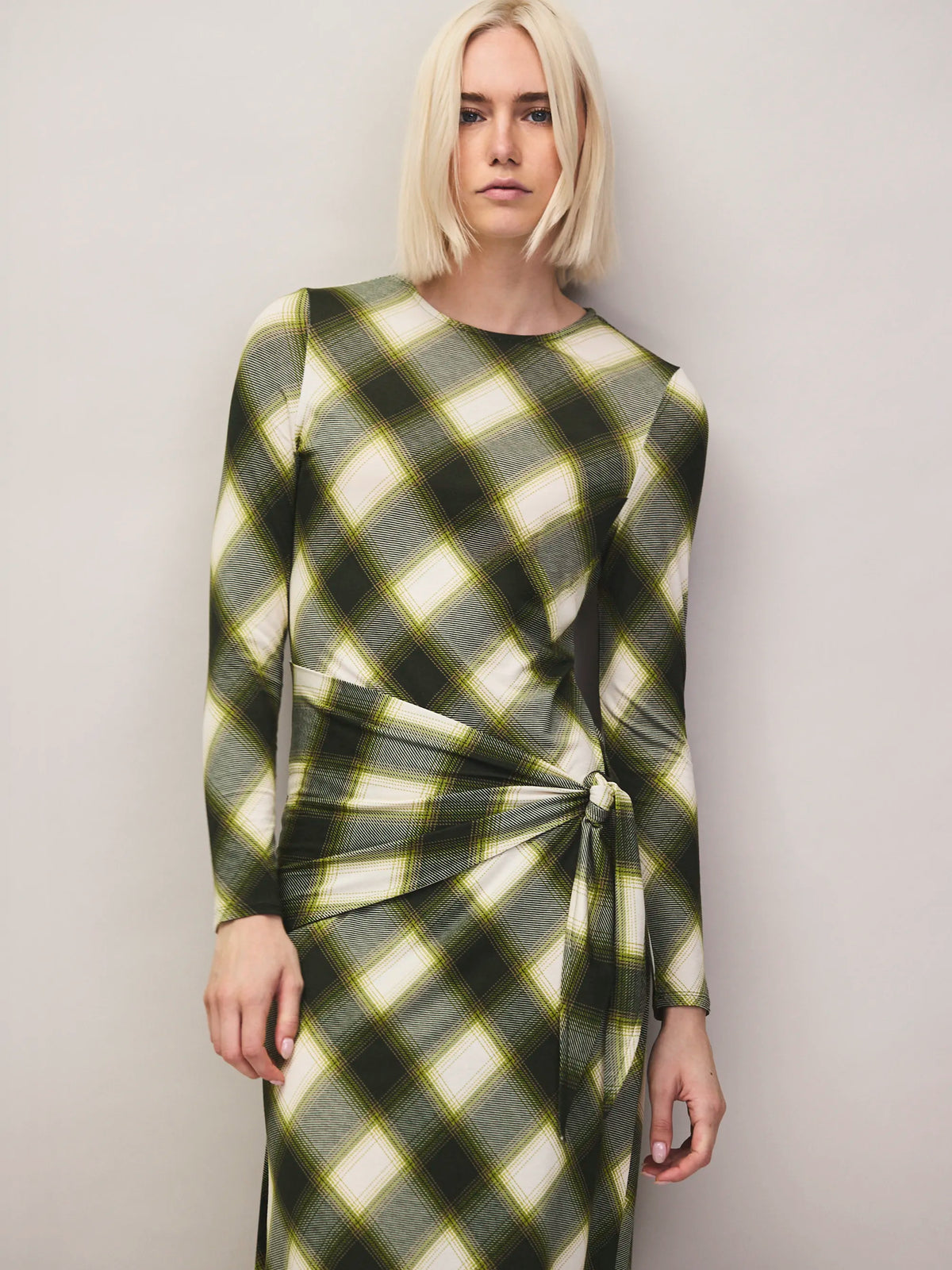Green check waist tie midi dress