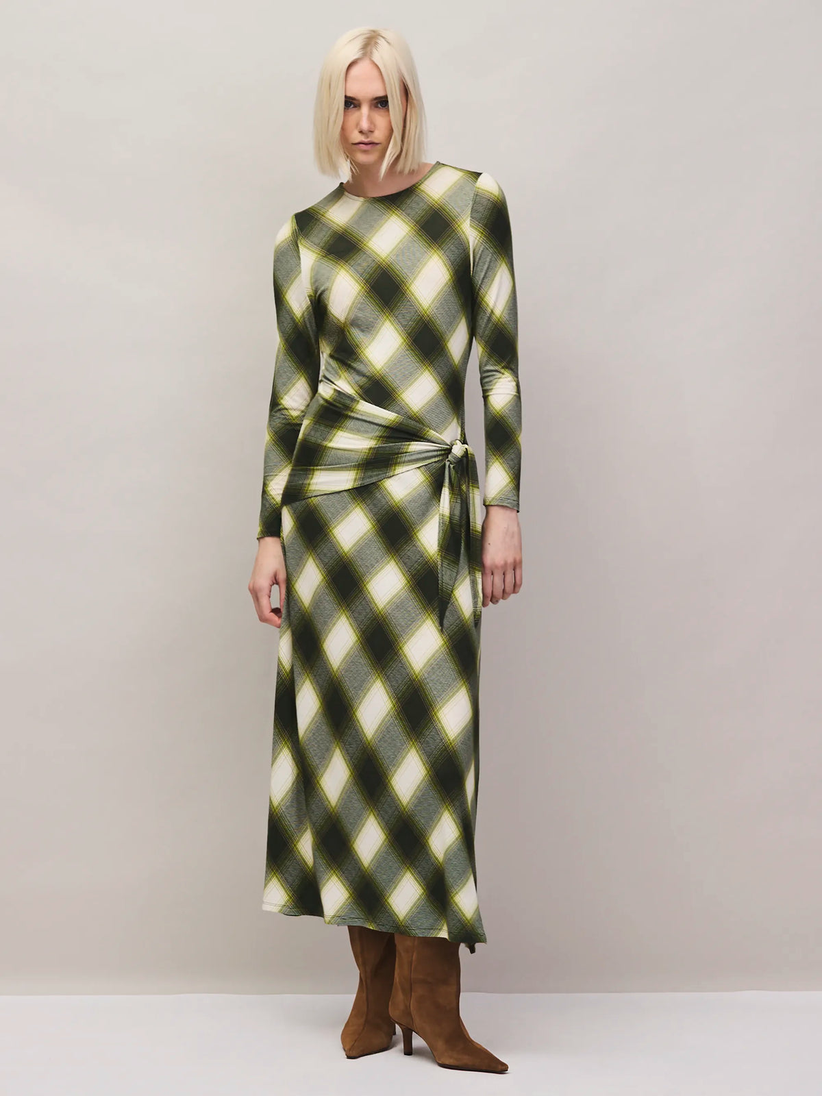 Green check waist tie midi dress