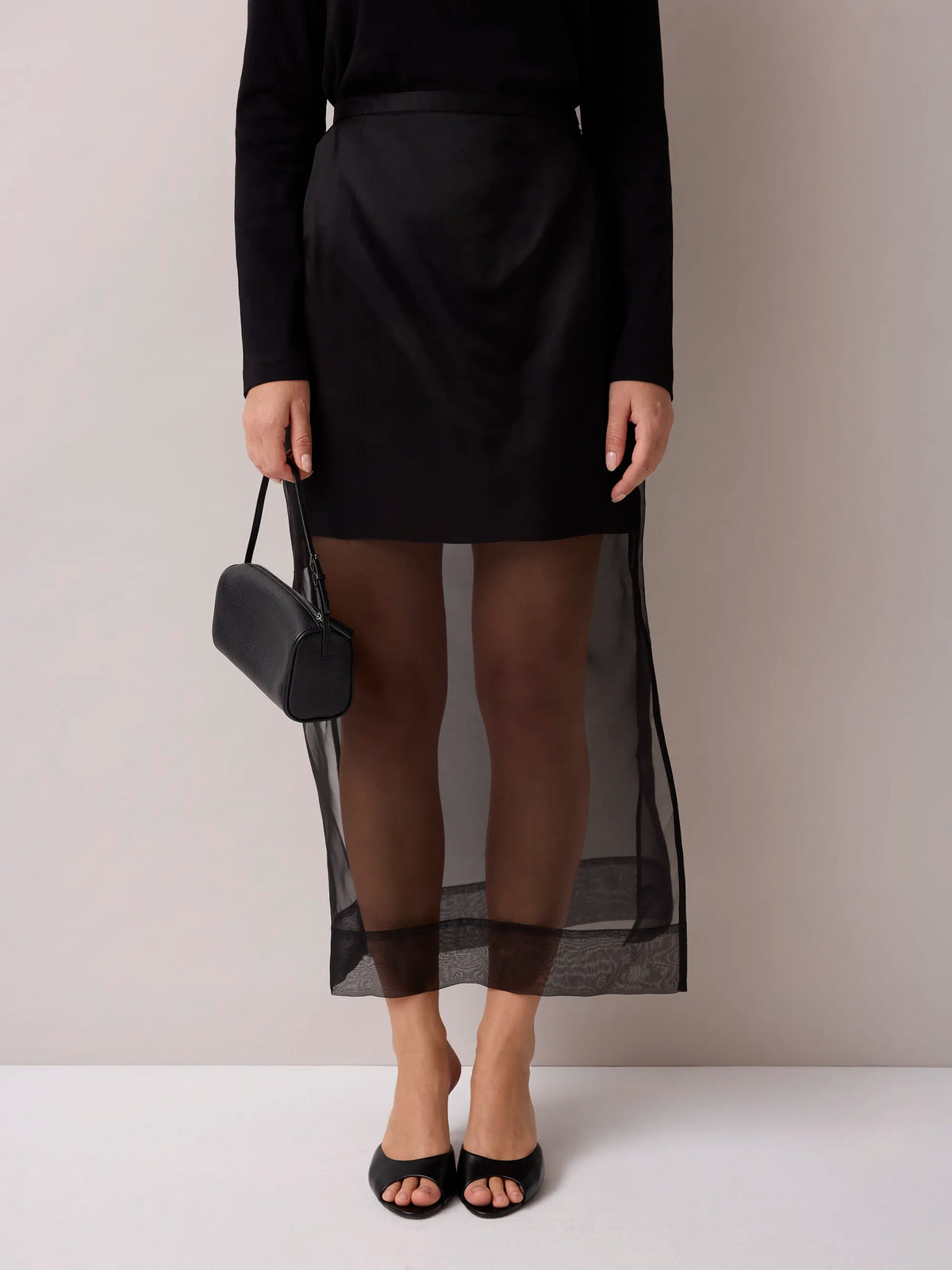 Petite Black Silk Sheer Midi Skirt