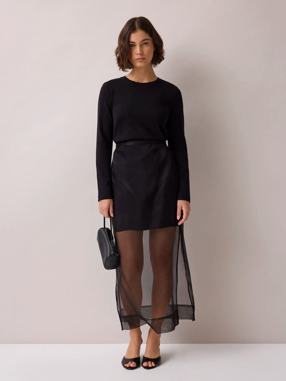 Petite Black Silk Sheer Midi Skirt