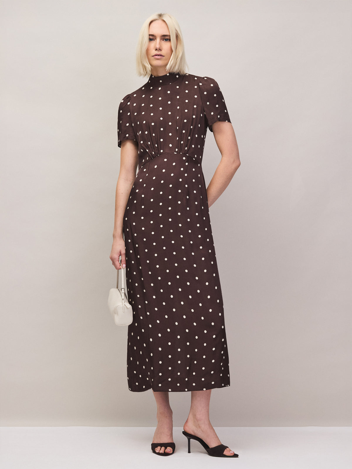 Petite Brown Polka Dot Puff Sleeve Dress