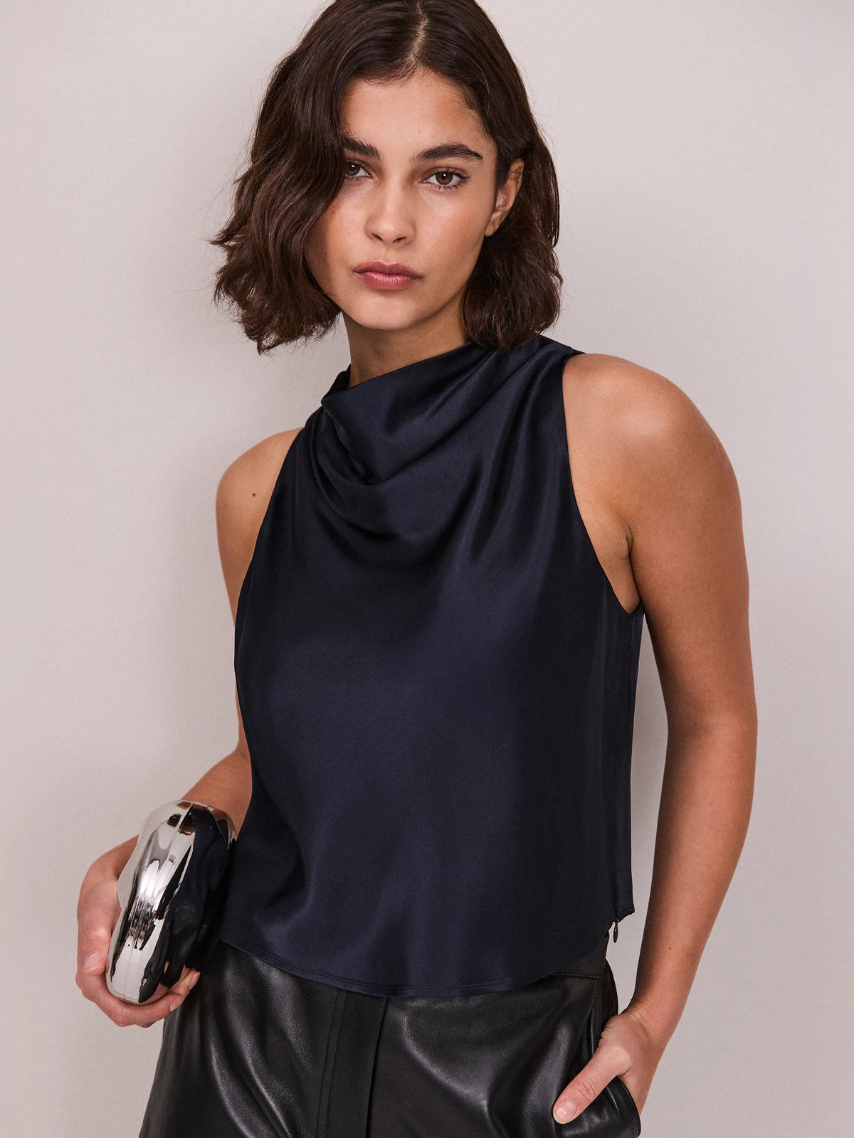 Navy Satin Cowl-Neck Cropped Top