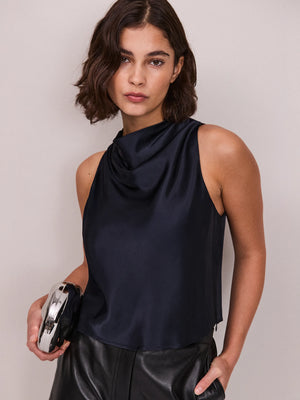 Navy Satin Cowl-Neck Cropped Top