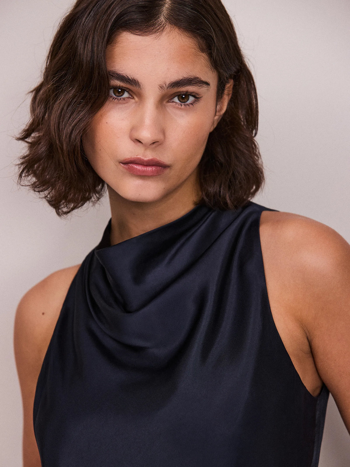 Navy Satin Cowl-Neck Cropped Top