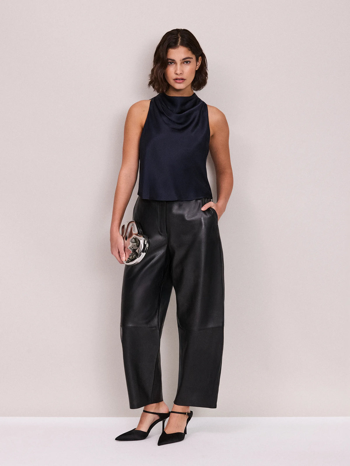 Navy Satin Cowl-Neck Cropped Top