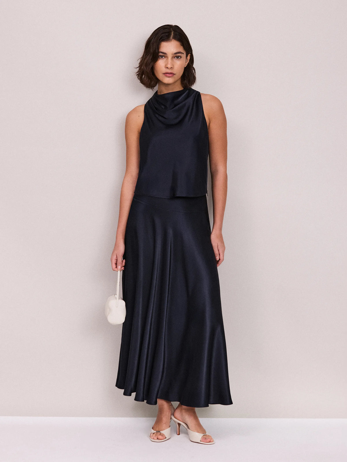 Navy Satin Cowl-Neck Cropped Top