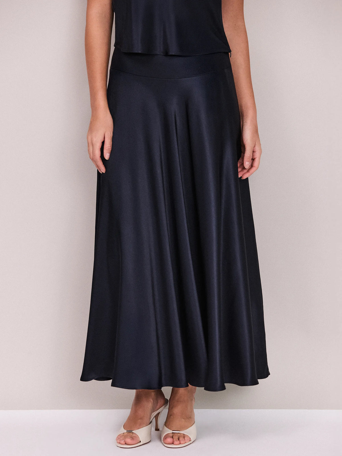 Petite Navy Satin Deep Waistband Skirt