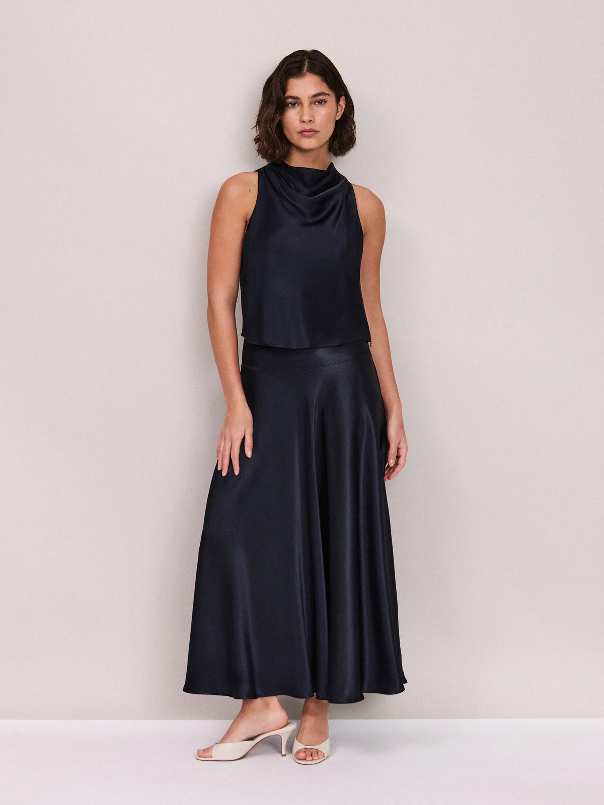 Petite Navy Satin Deep Waistband Skirt