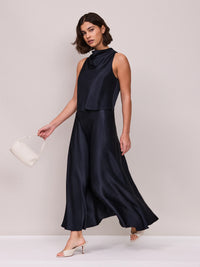 Navy Satin Deep-Waistband Skirt