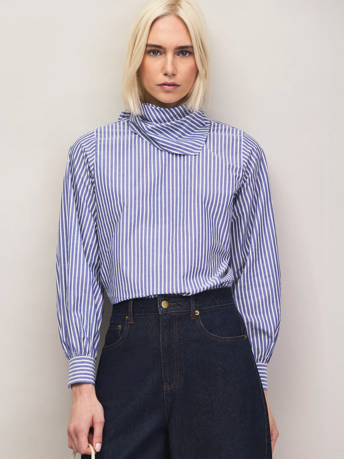 Blue stripe cotton shirt with scarf neckline.