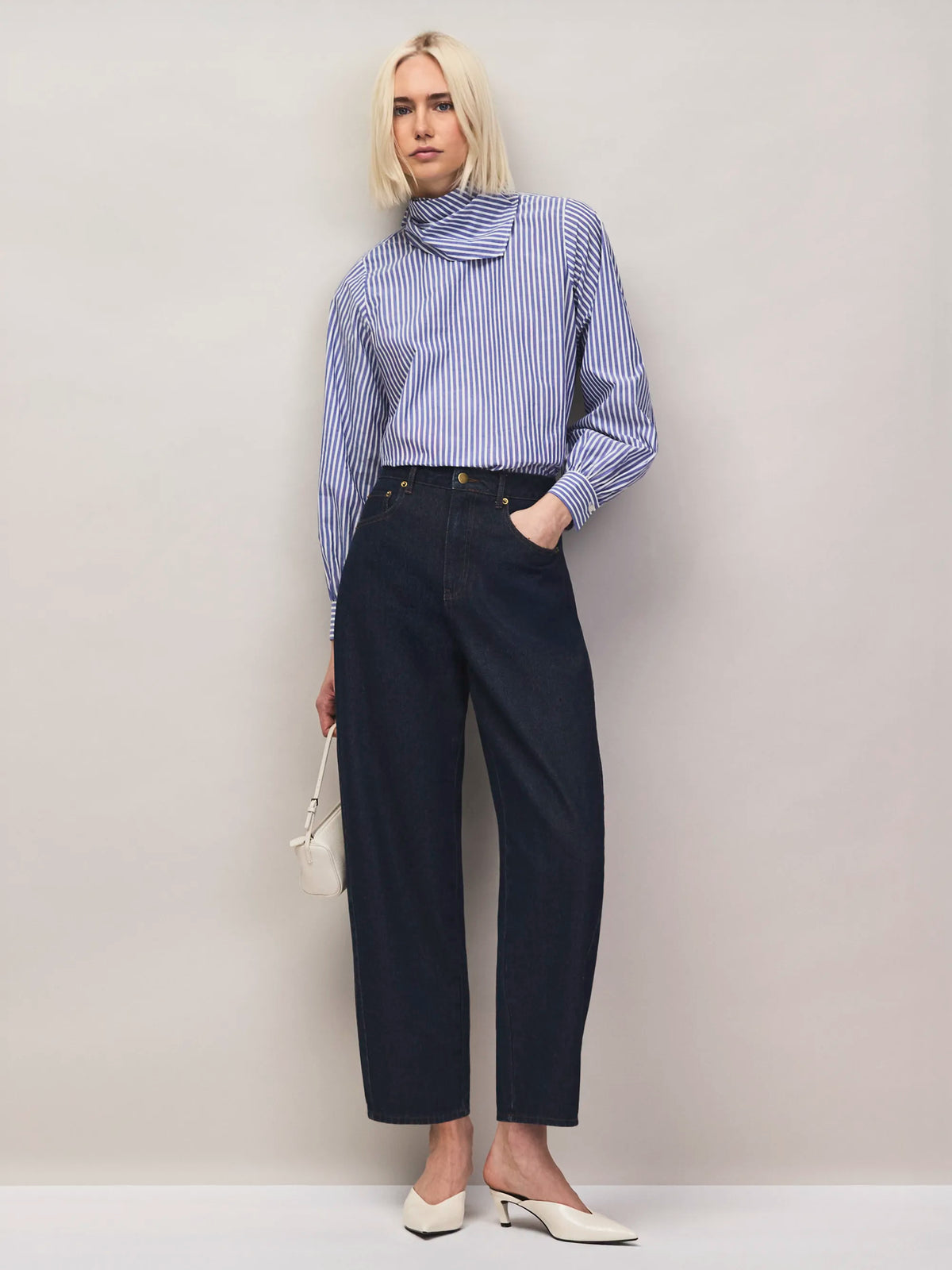 Blue stripe cotton shirt with scarf neckline.