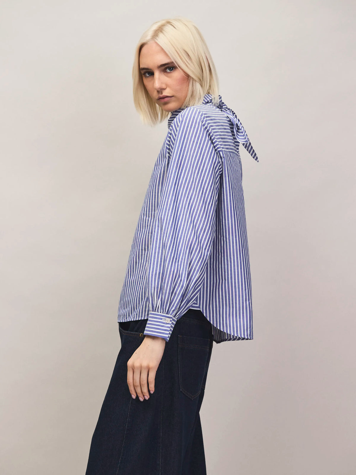 Blue stripe cotton shirt with scarf neckline.