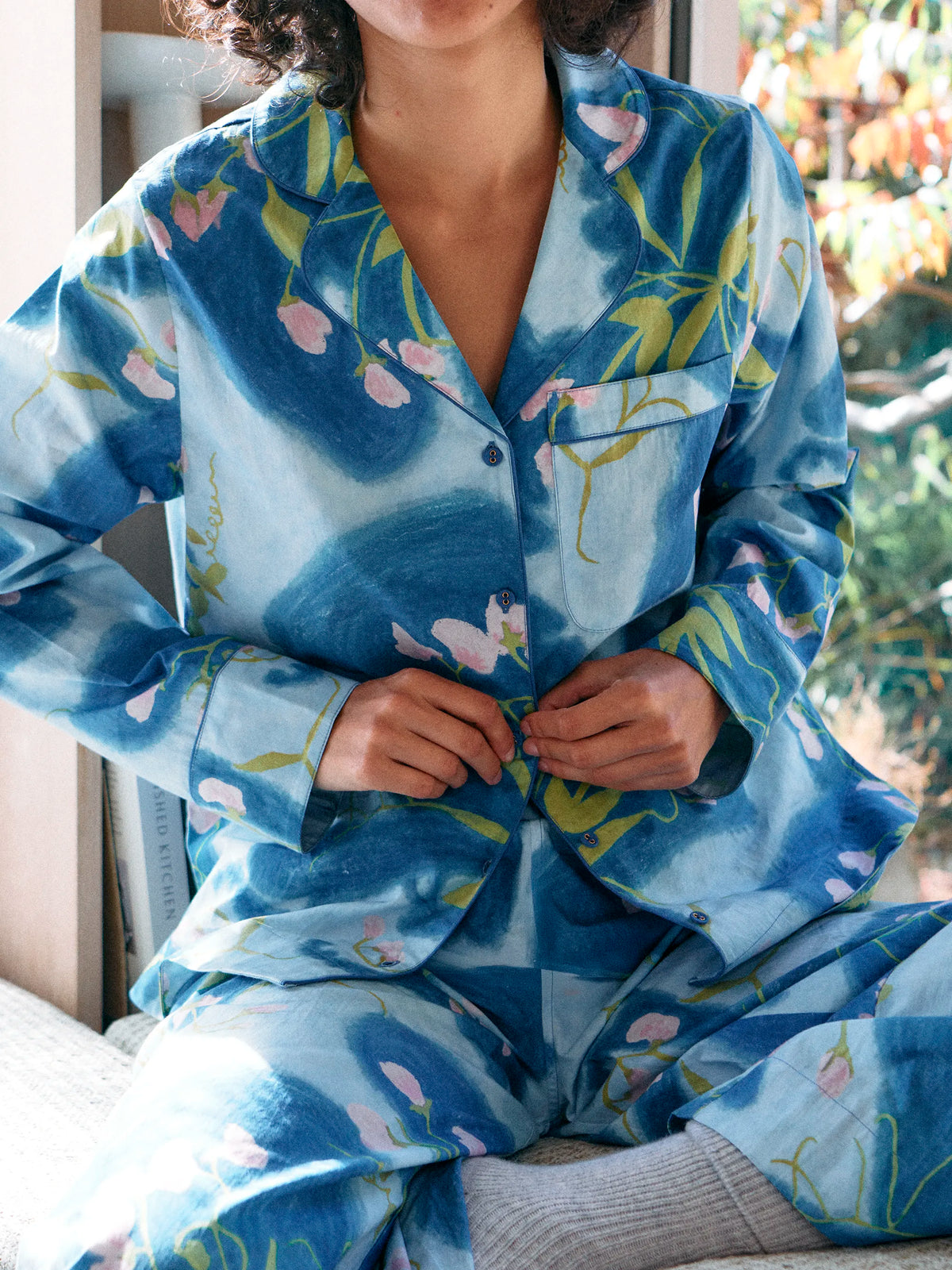 Blue Floral Print Cotton Pyjamas & Sleep Mask