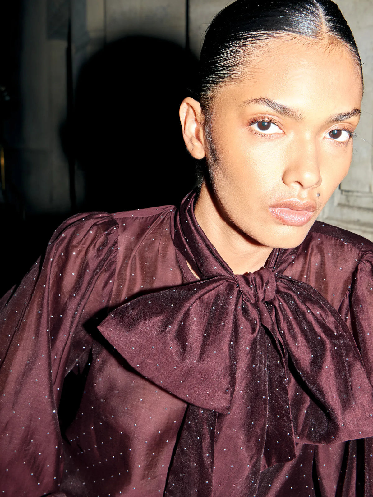 Burgundy Diamante Bow Detail Blouse