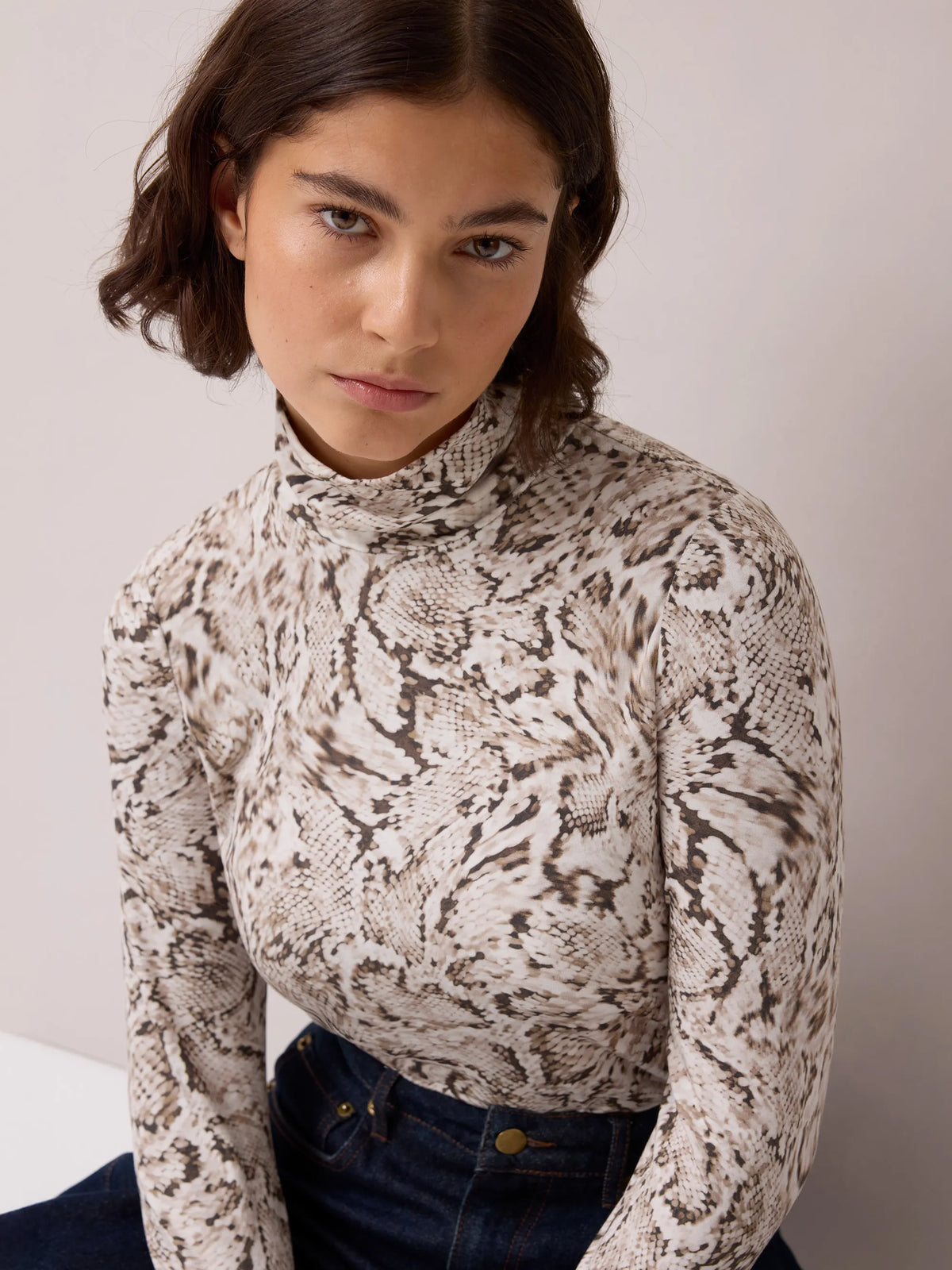 Neutral Snake Print Roll Neck Top
