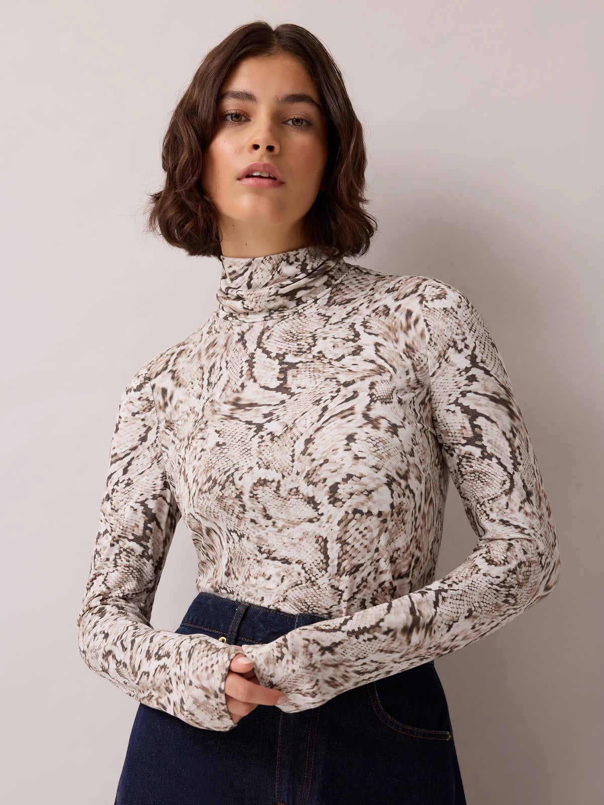 Neutral Snake Print Roll Neck Top