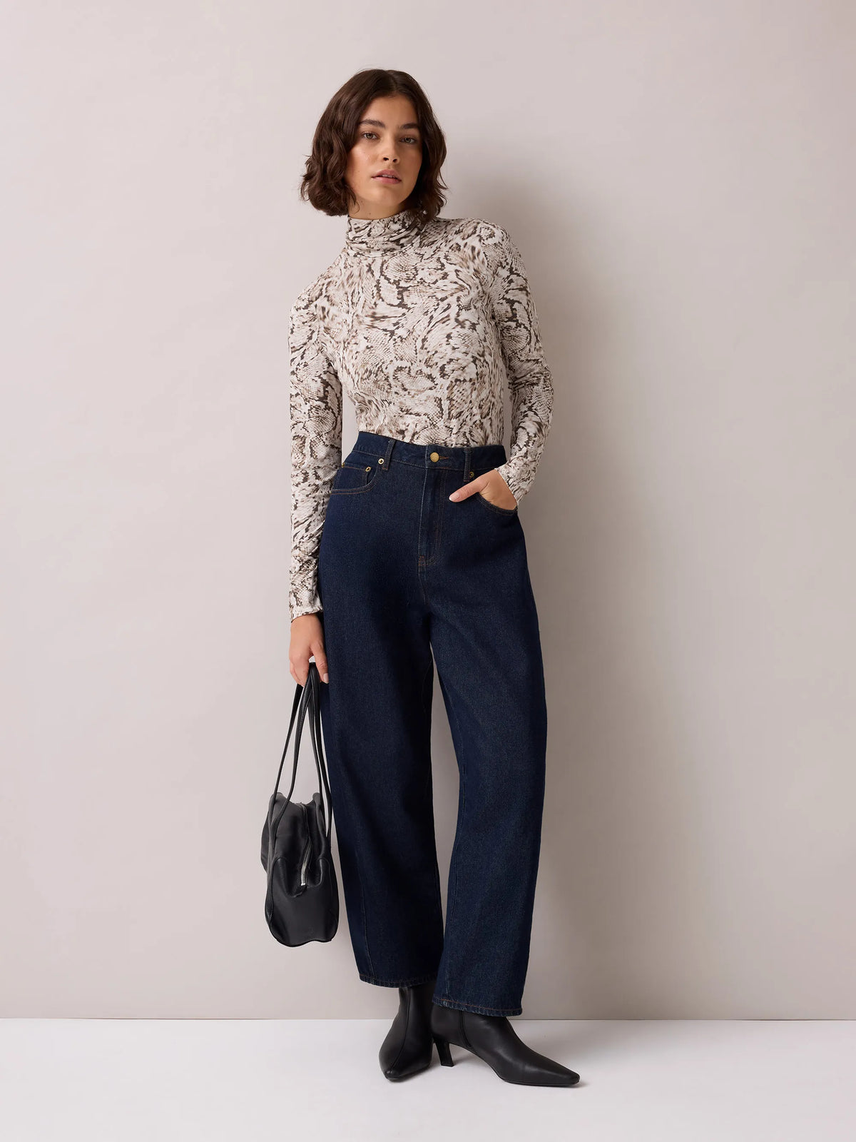 Neutral Snake Print Roll Neck Top
