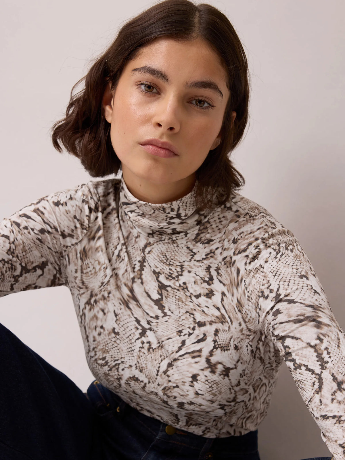 Neutral Snake Print Roll Neck Top