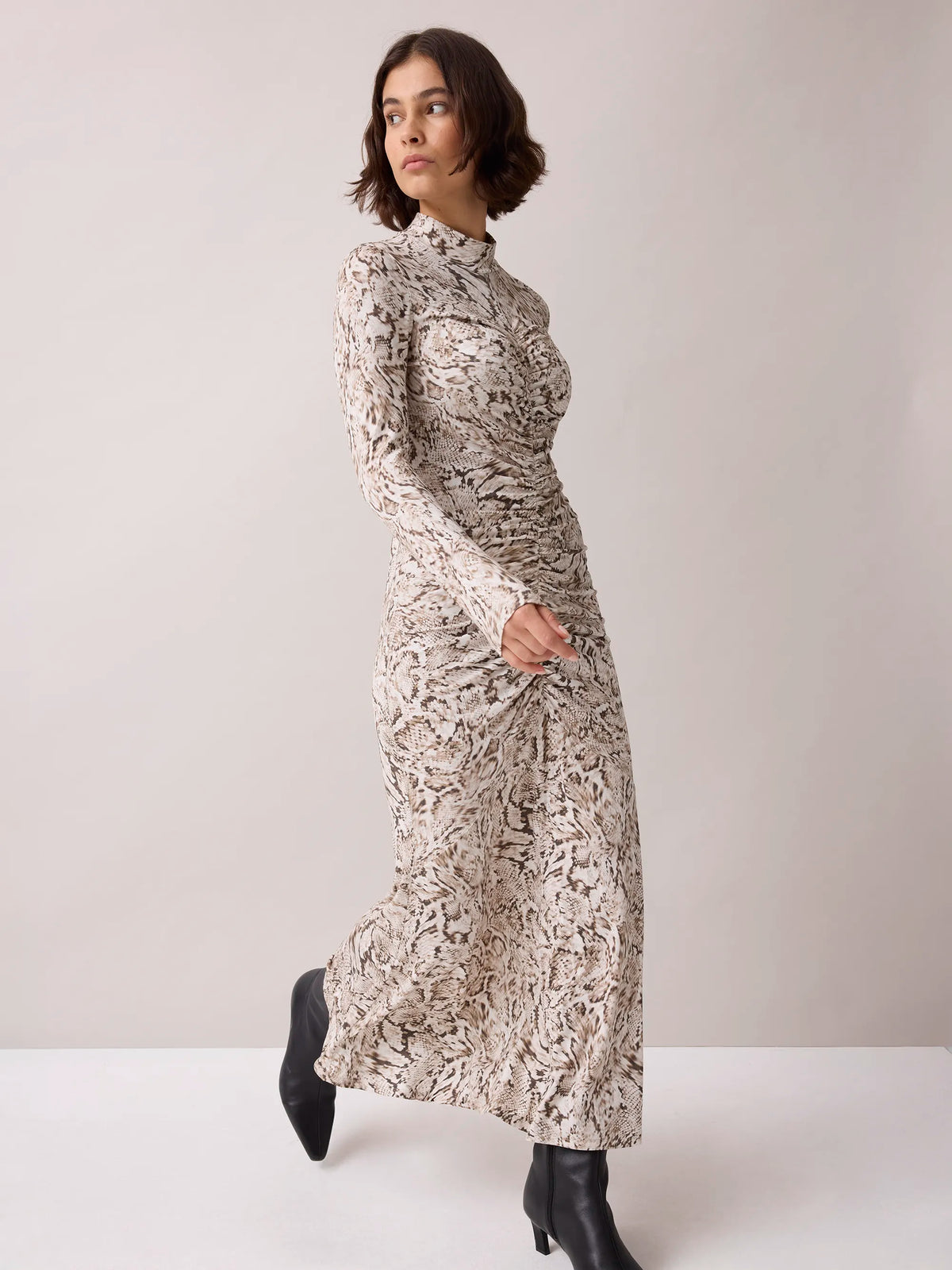 Neutral Snake Print Ruched Front Jersey Midi Dress