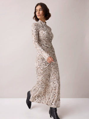 Neutral Snake Print Ruched Front Jersey Midi Dress
