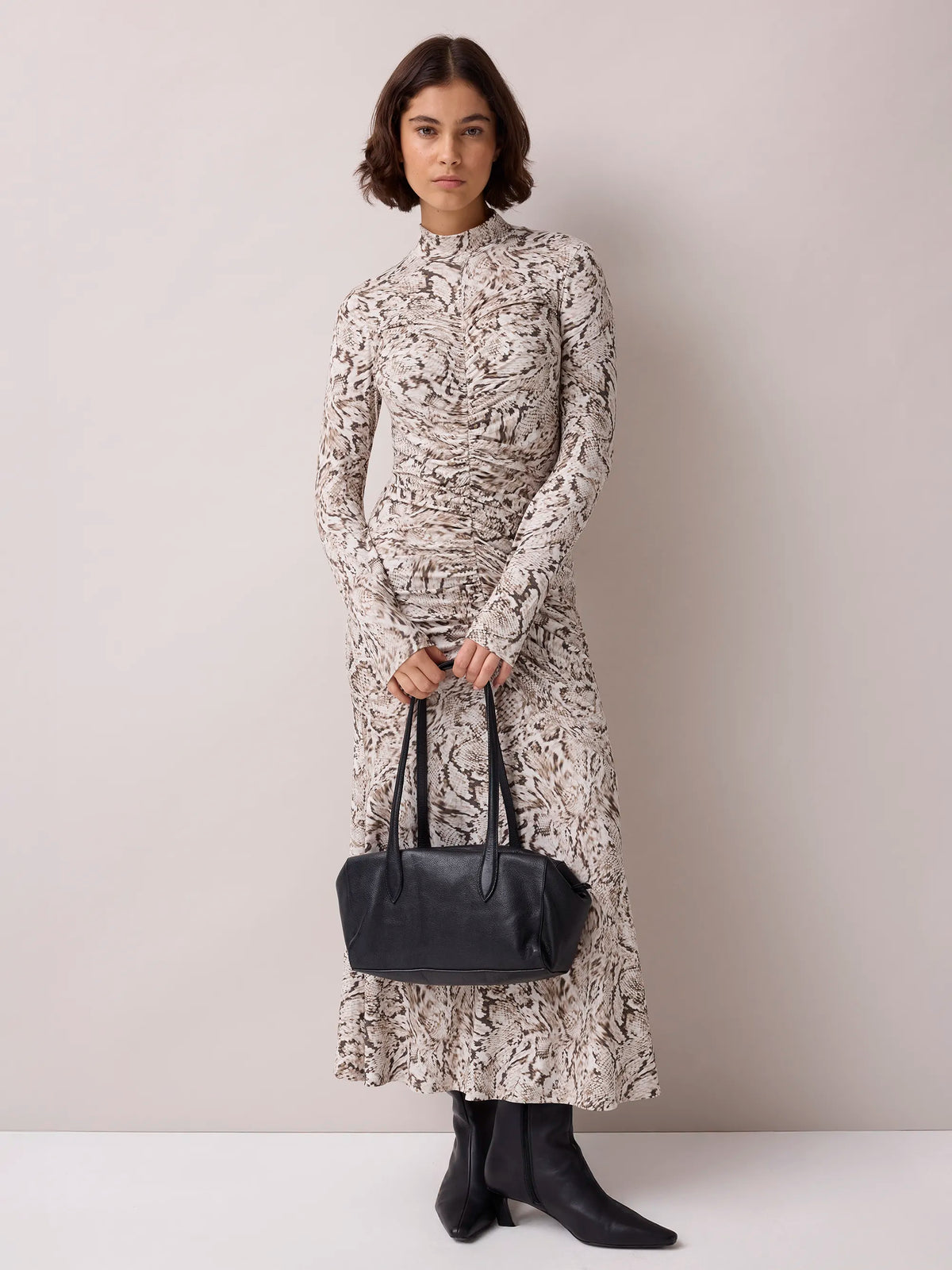 Neutral Snake Print Ruched Front Jersey Midi Dress