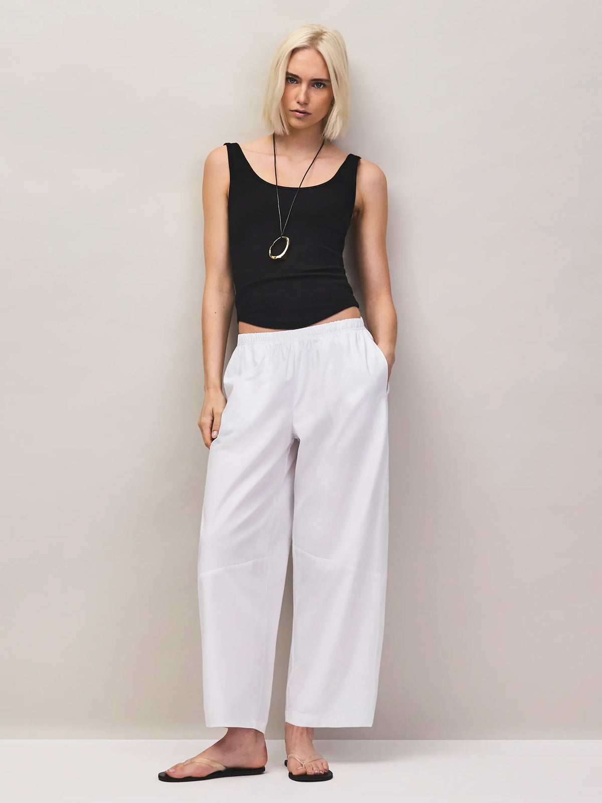 White cotton barrel leg trousers