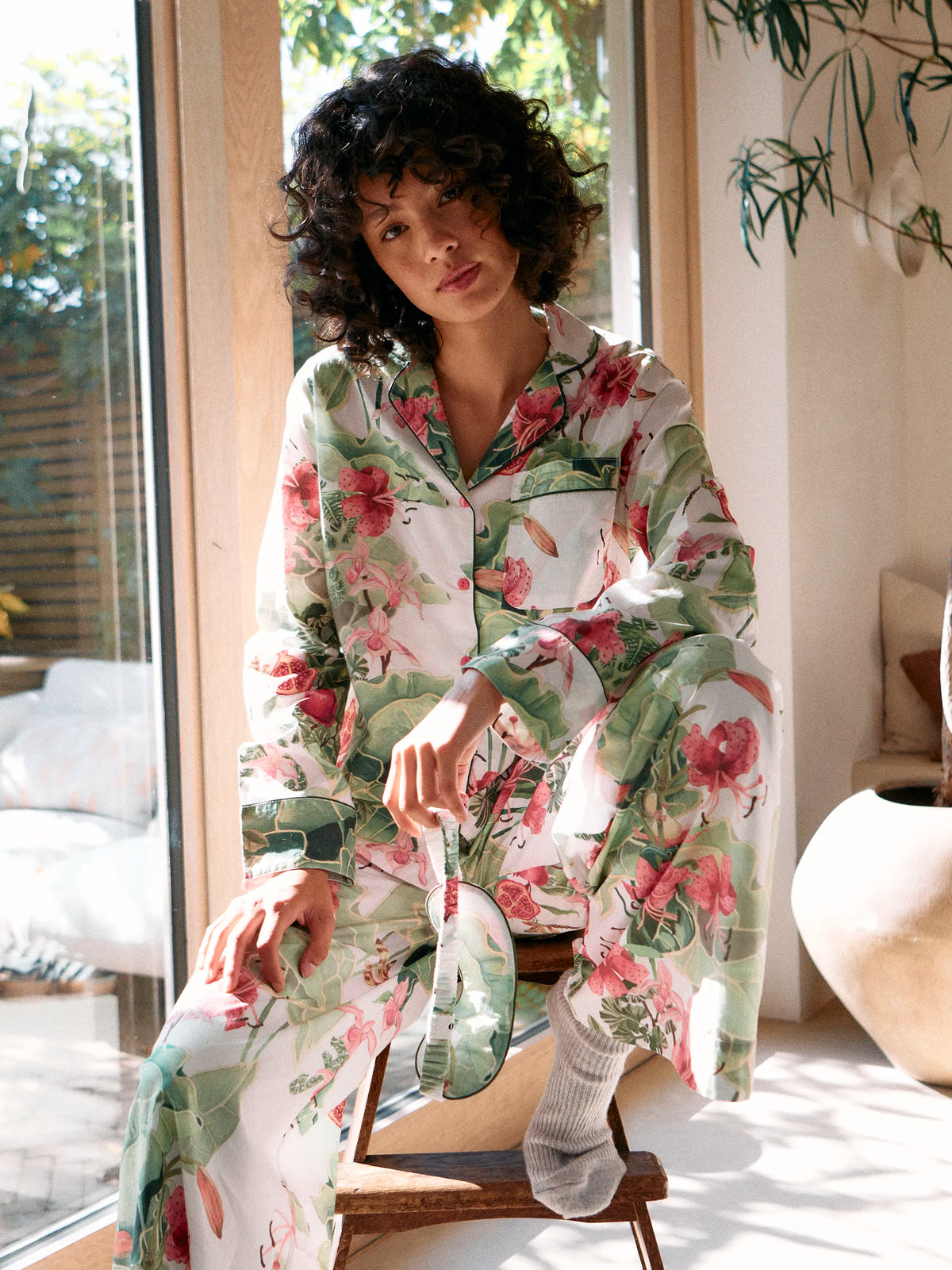 Multi Lotus Print Cotton Pyjamas & Sleep Mask
