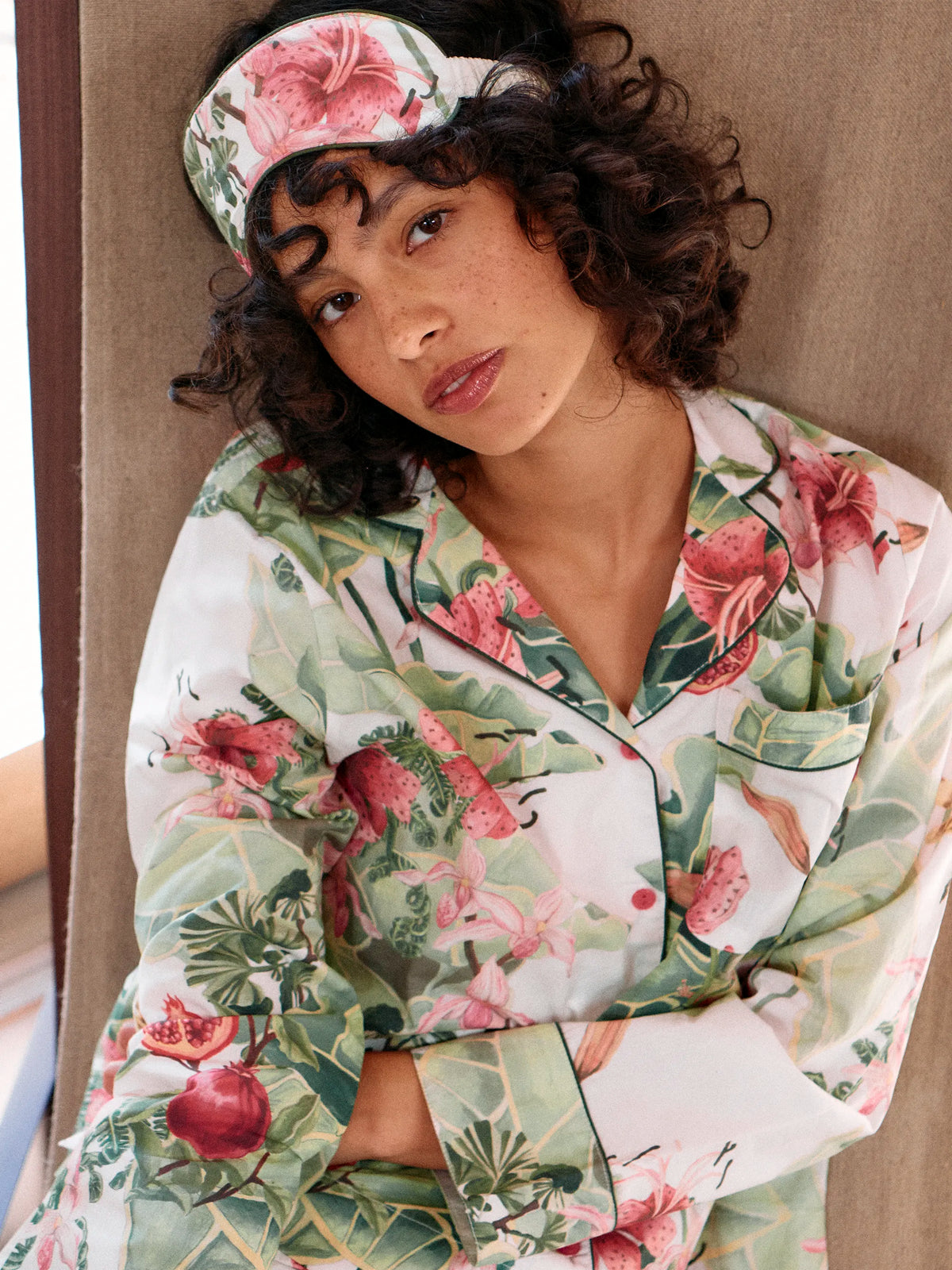 Multi Lotus Print Cotton Pyjamas & Sleep Mask