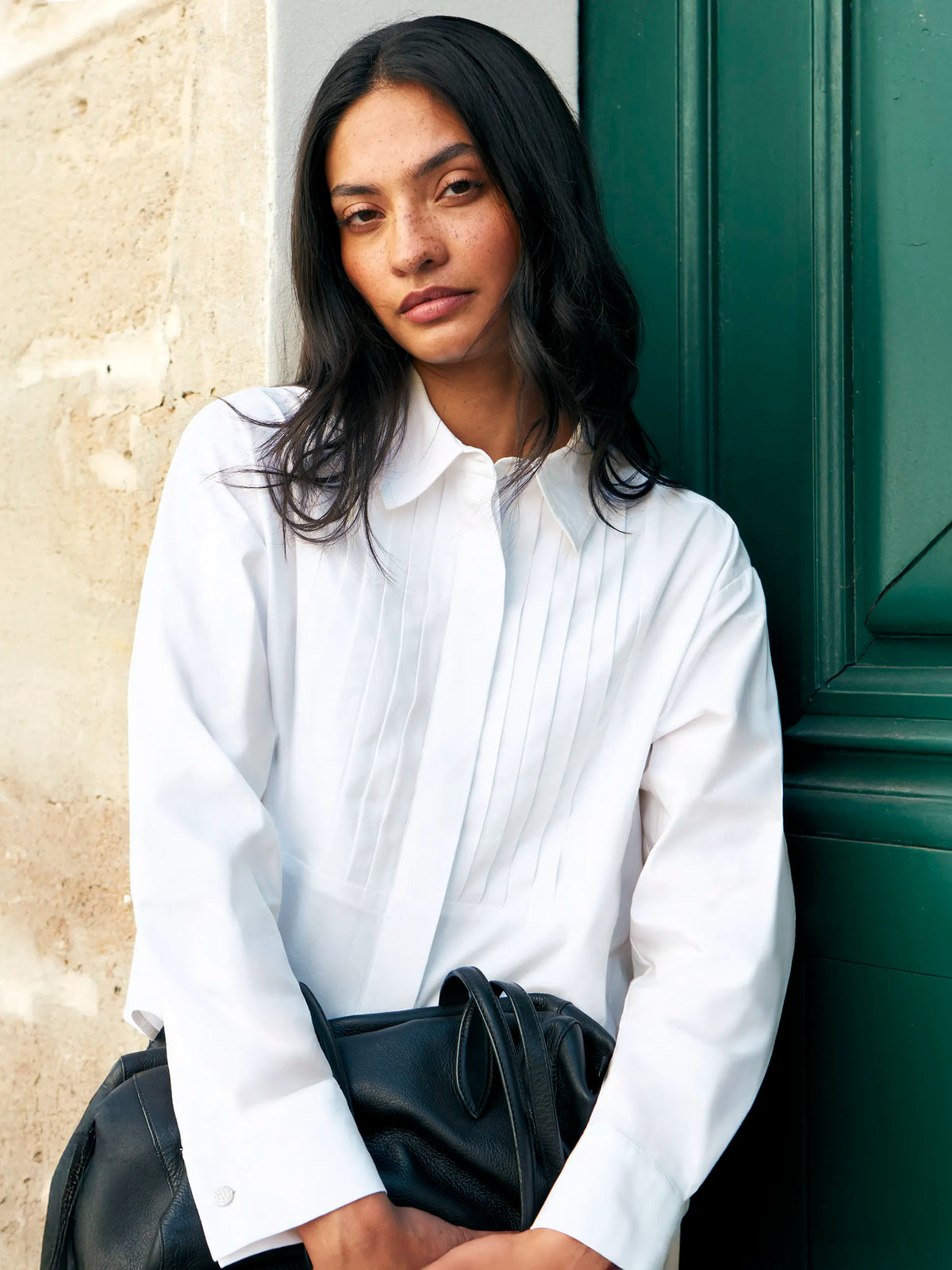 White Pleated Tuxedo Cropped Shirt