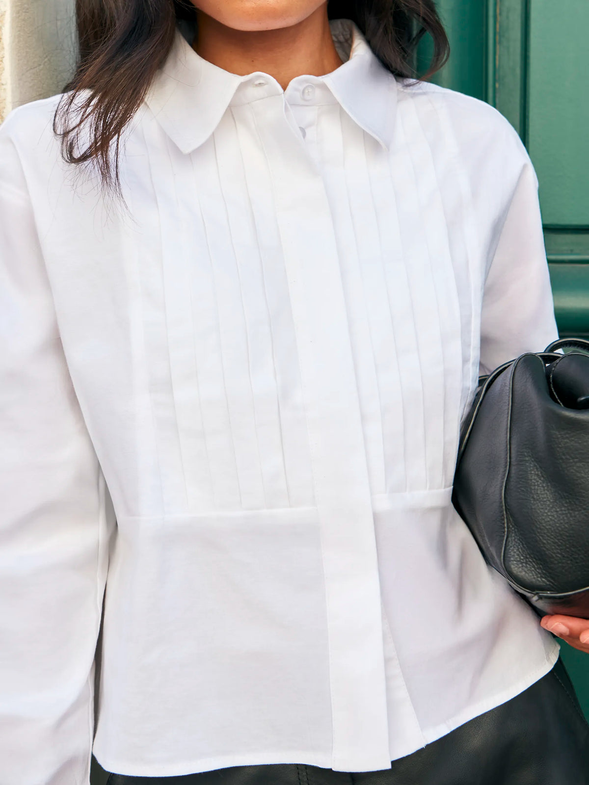 White Pleated Tuxedo Cropped Shirt