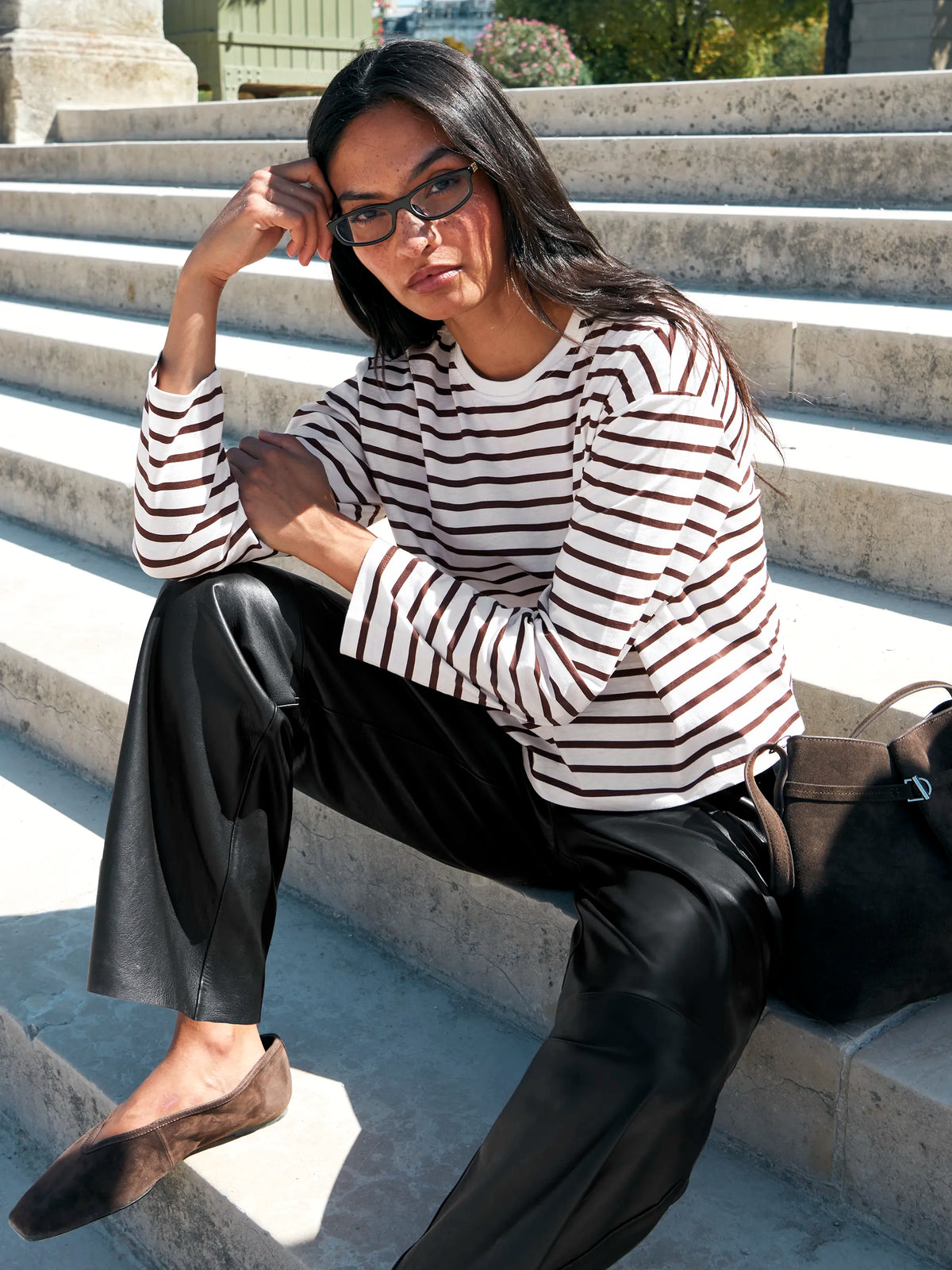 Brown Stripe Long-Sleeved Cotton T-Shirt