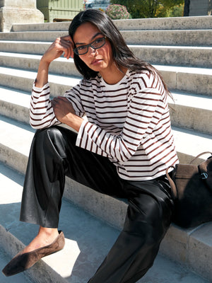 Brown Stripe Long-Sleeved Cotton T-Shirt