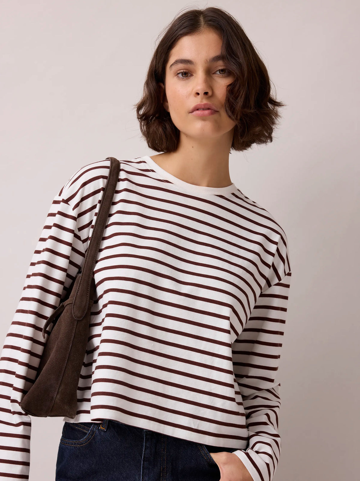 Brown Stripe Long-Sleeved Cotton T-Shirt
