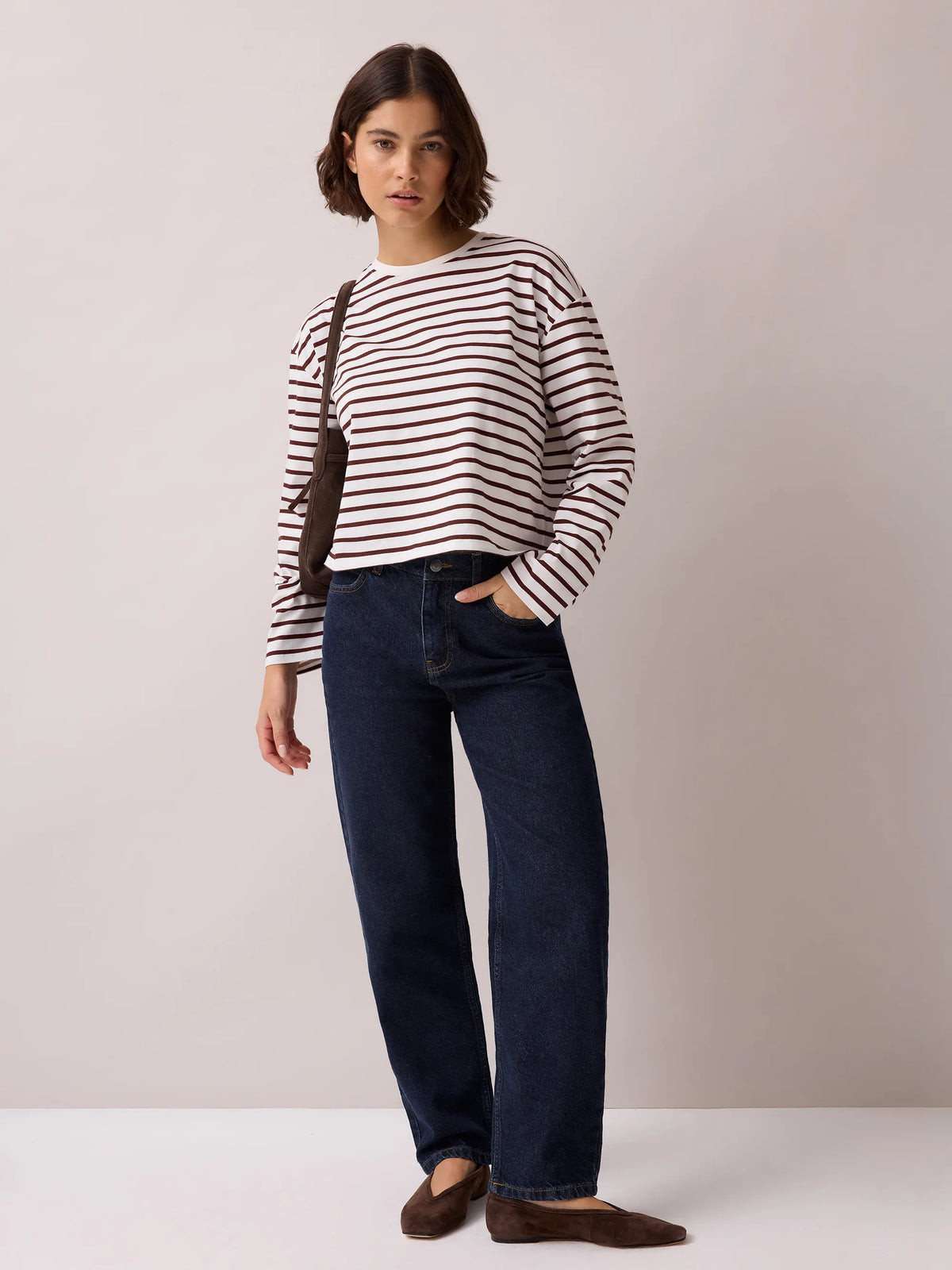 Brown Stripe Long-Sleeved Cotton T-Shirt