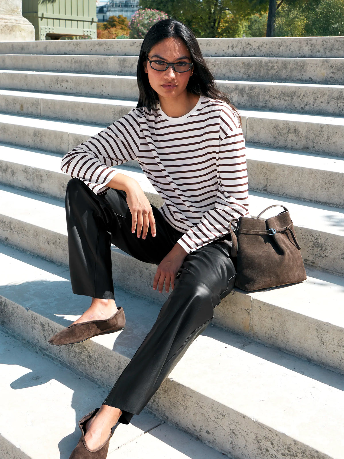 Brown Stripe Long-Sleeved Cotton T-Shirt