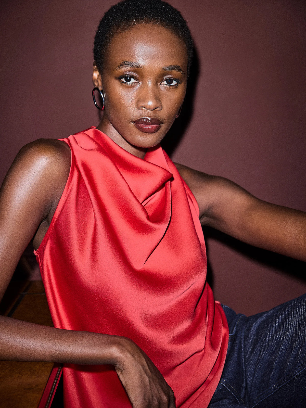 Red Cowl Neck Asymmetric Top