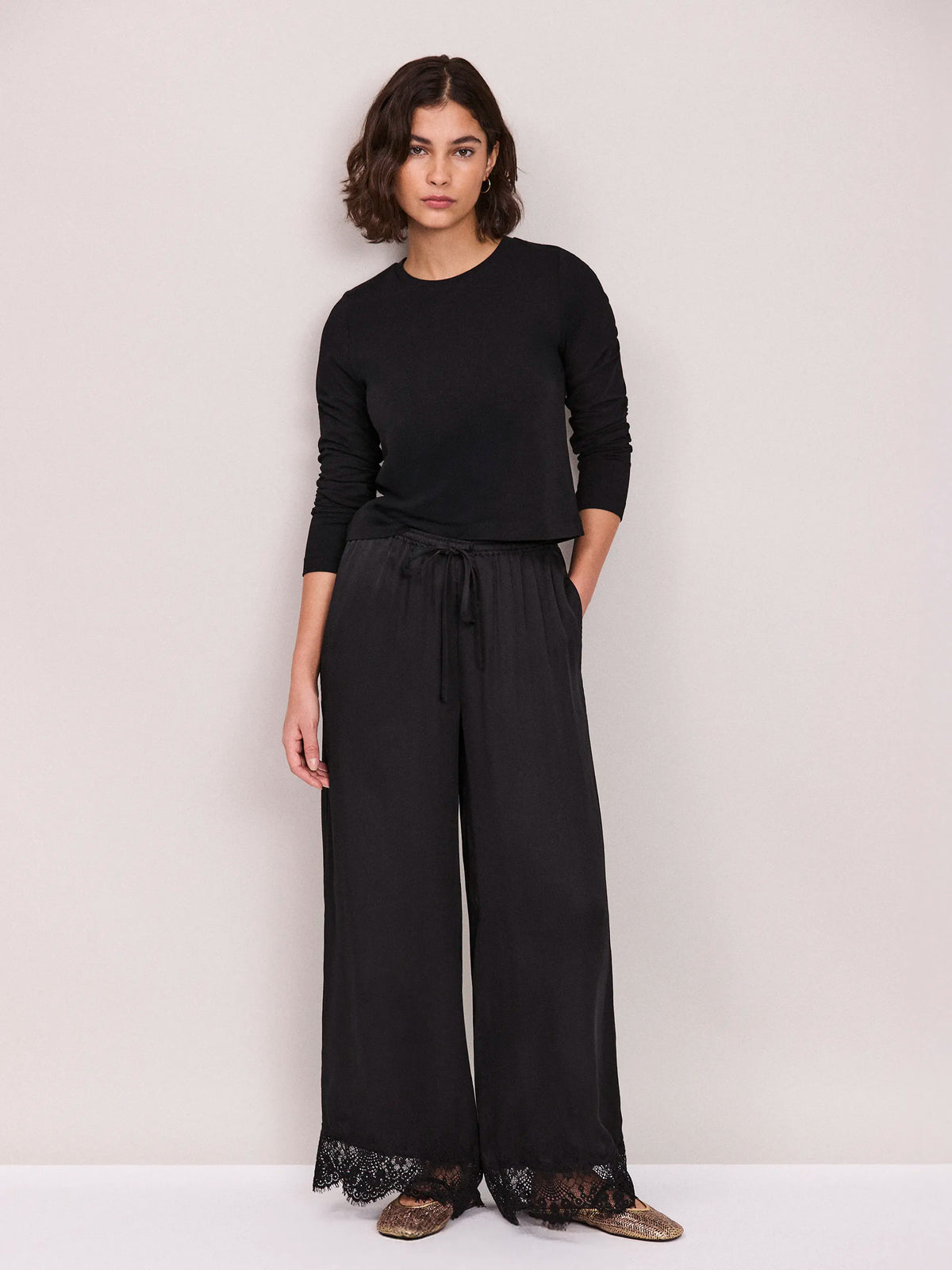 Black Satin Lace Trim Trousers Available In Petite