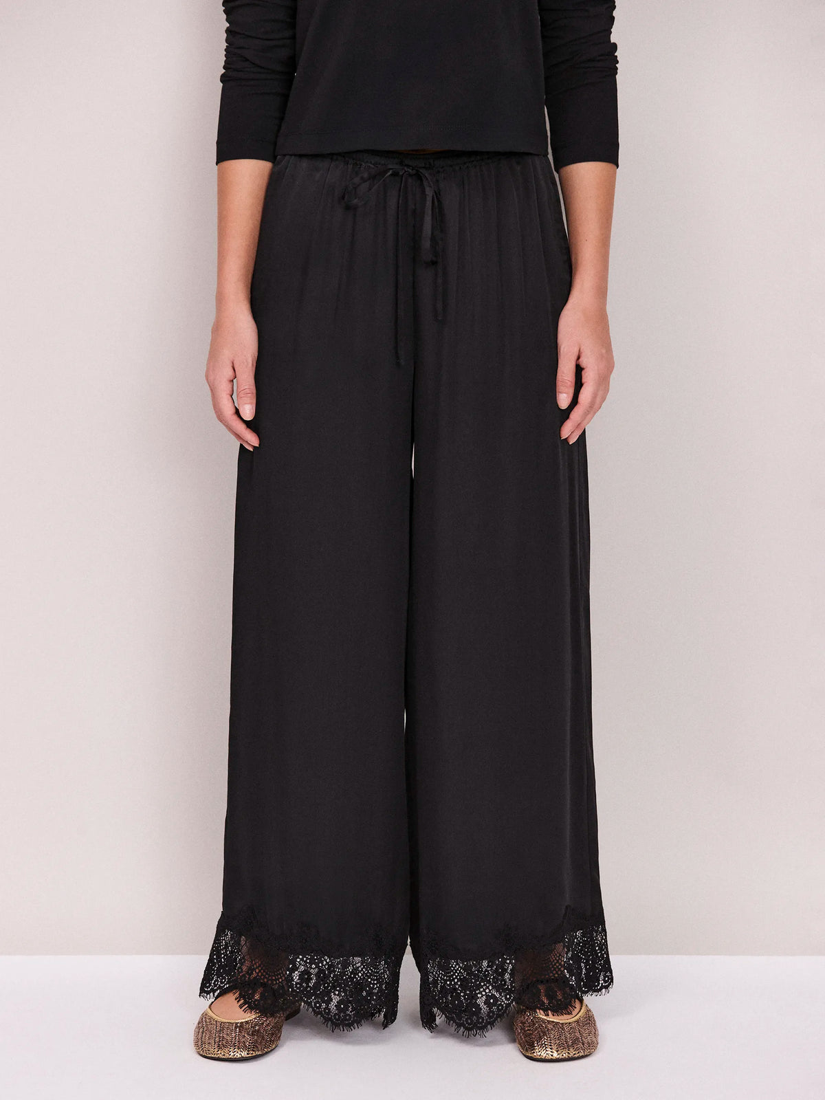 Black Satin Lace Trim Trousers Available In Petite