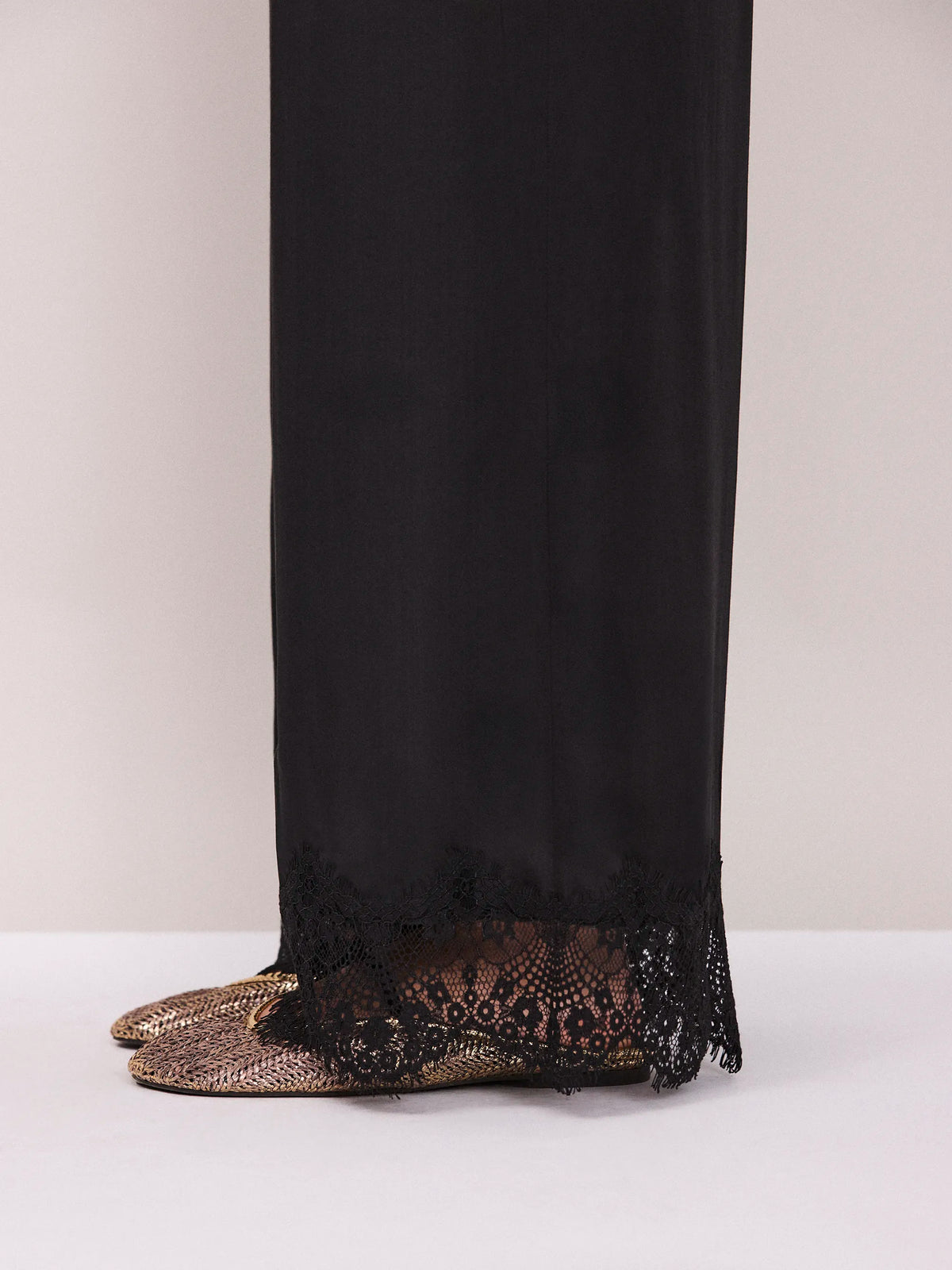 Black Satin Lace Trim Trousers Available In Petite