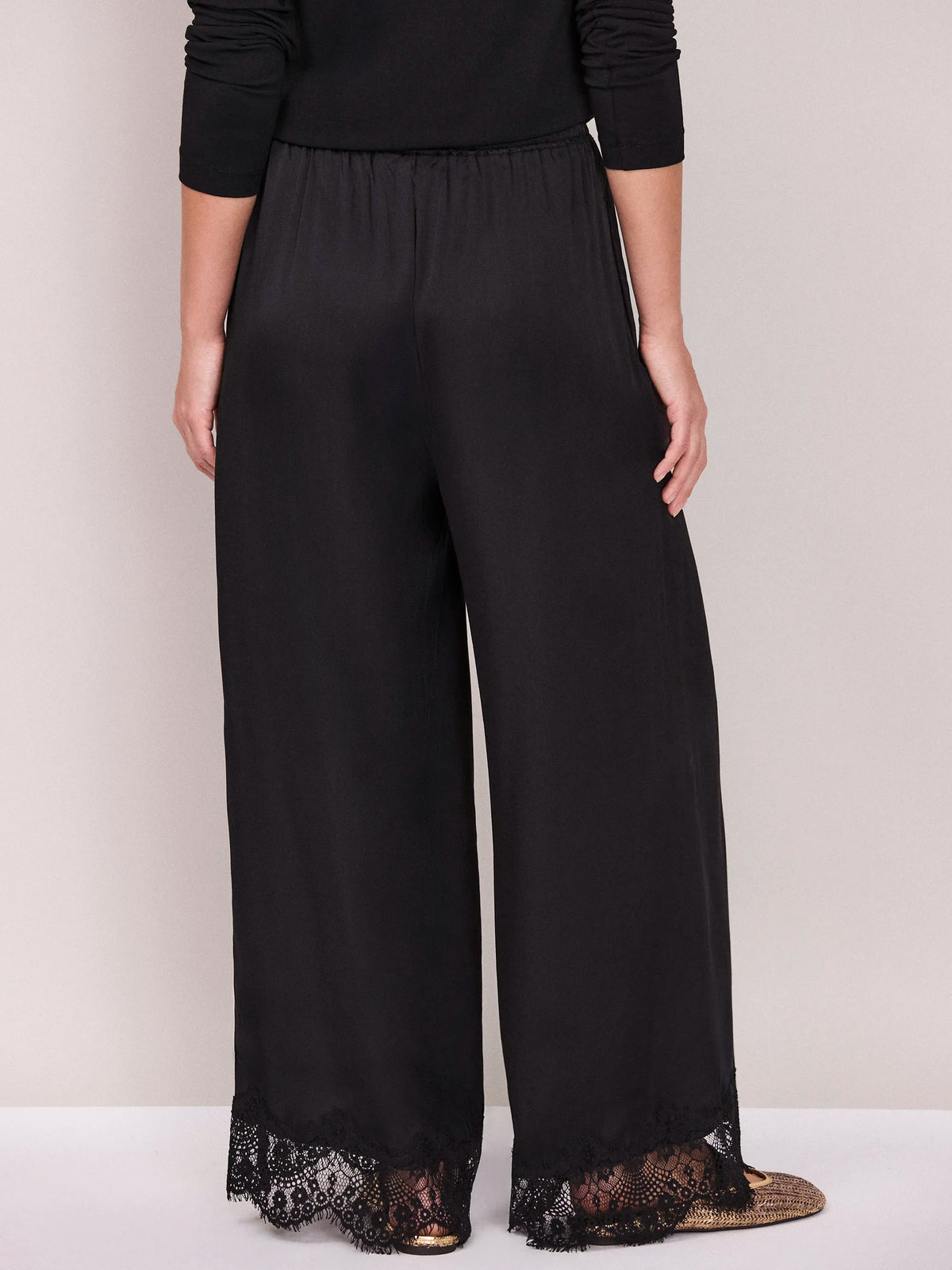 Black Satin Lace Trim Trousers Available In Petite