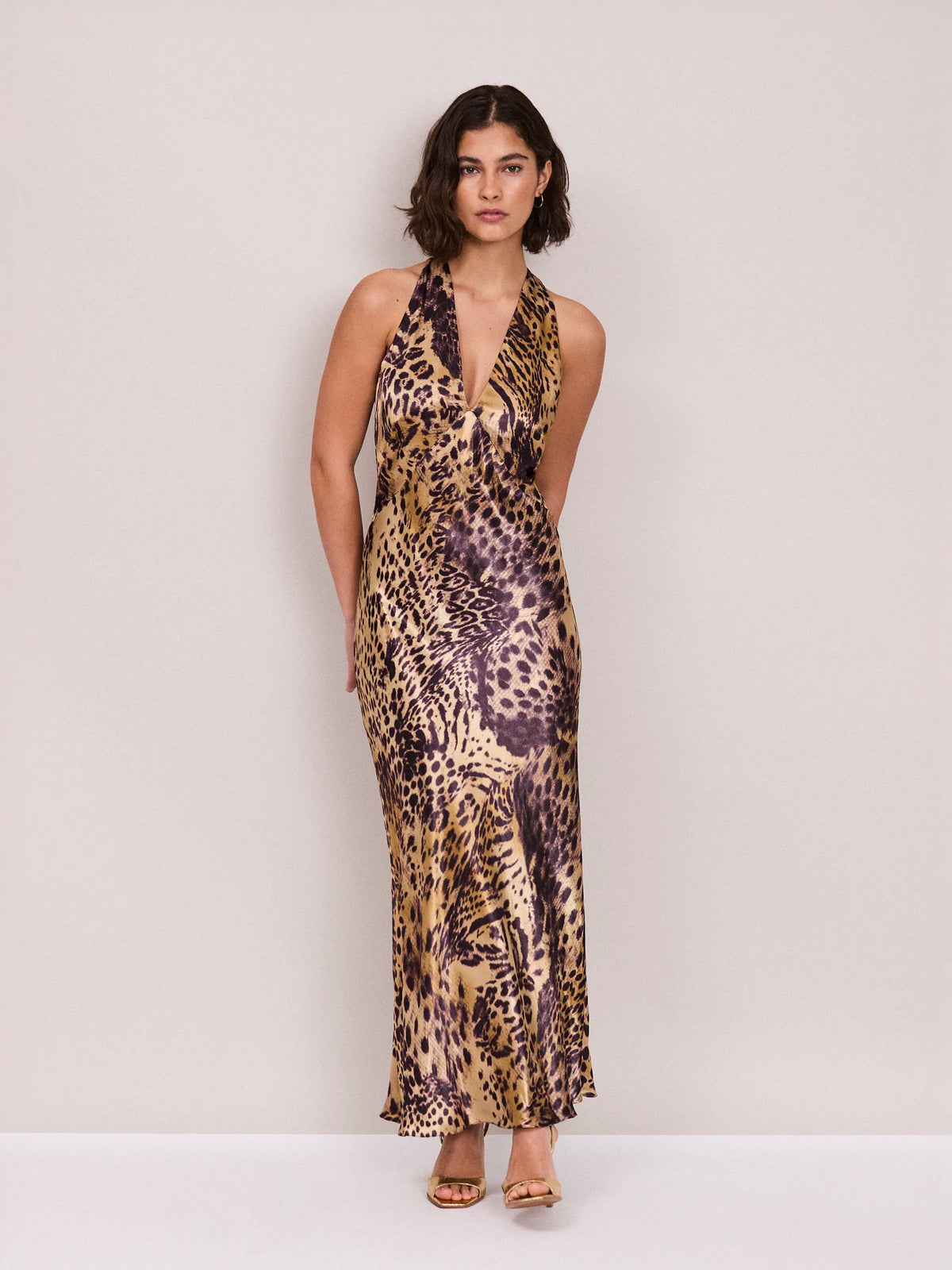Leopard Print Satin Halter Dress