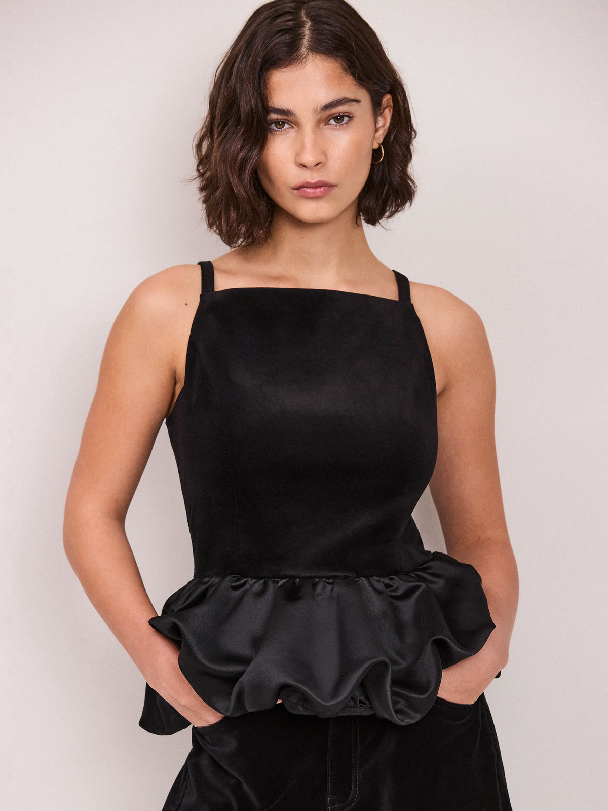 Black Velvet and Satin Bubble Hem Top